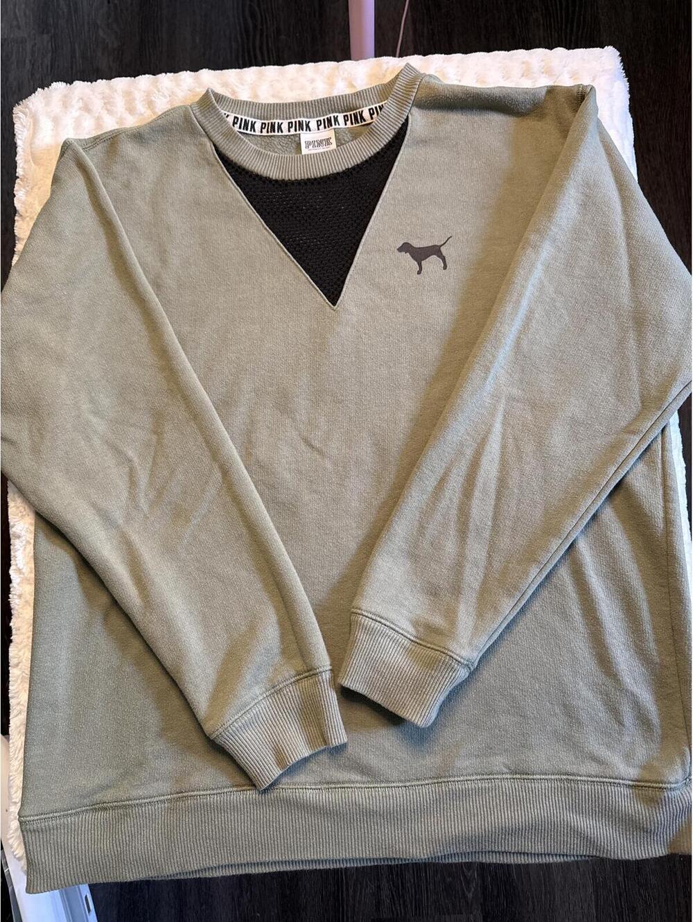 PINK Victoria's Secret Khaki V-Neck Mesh Trim Sweatshirt Dog Logo